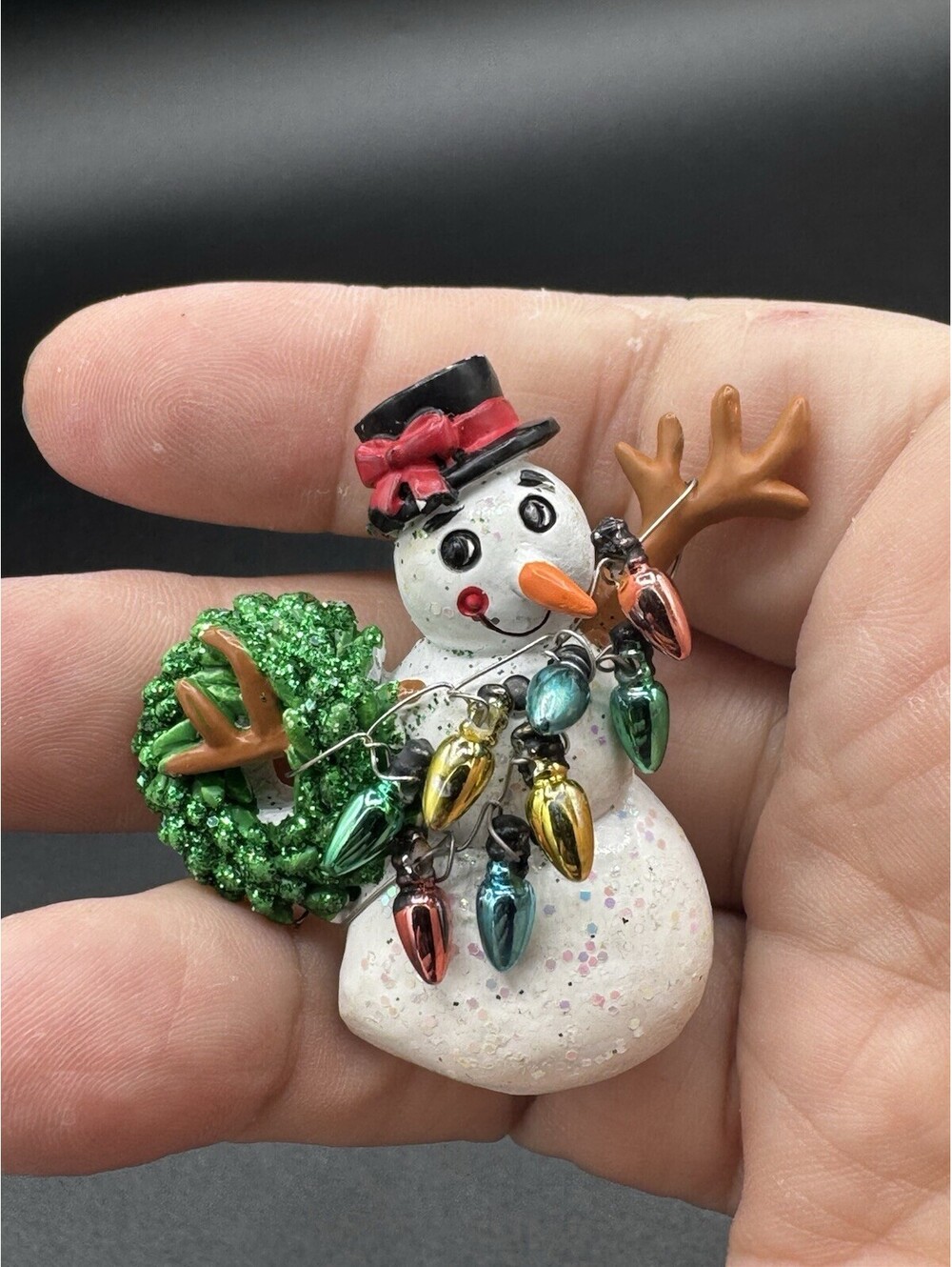 Snowman Christmas Enamel Brooch Pin Crystal Multicolor Wreath Light Strand